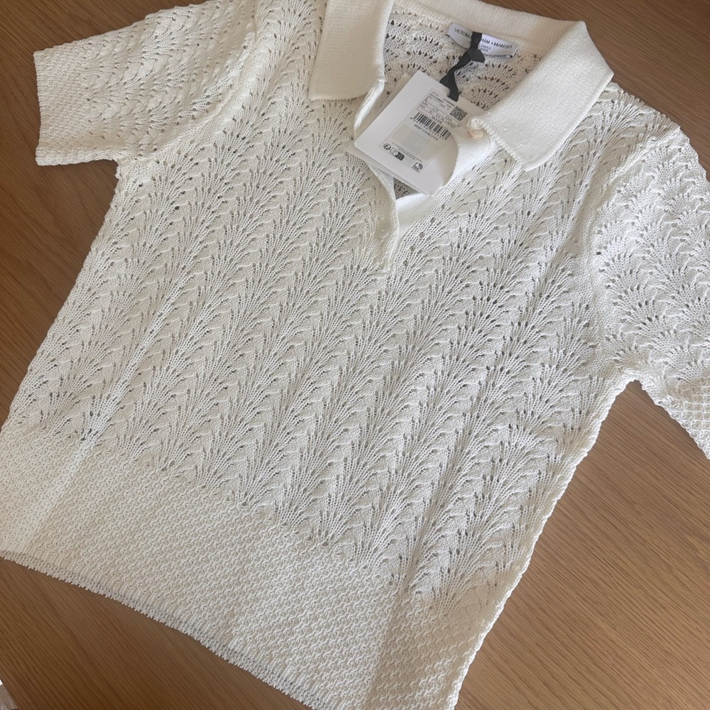 NWT Mango White Open-Knit Polo Sweater - Picture 2 of 8